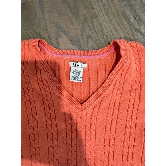 IZOD Sweater Womens Small Orange Cable Knit V-Neck Pullover Preppy - Picture 3 of 5